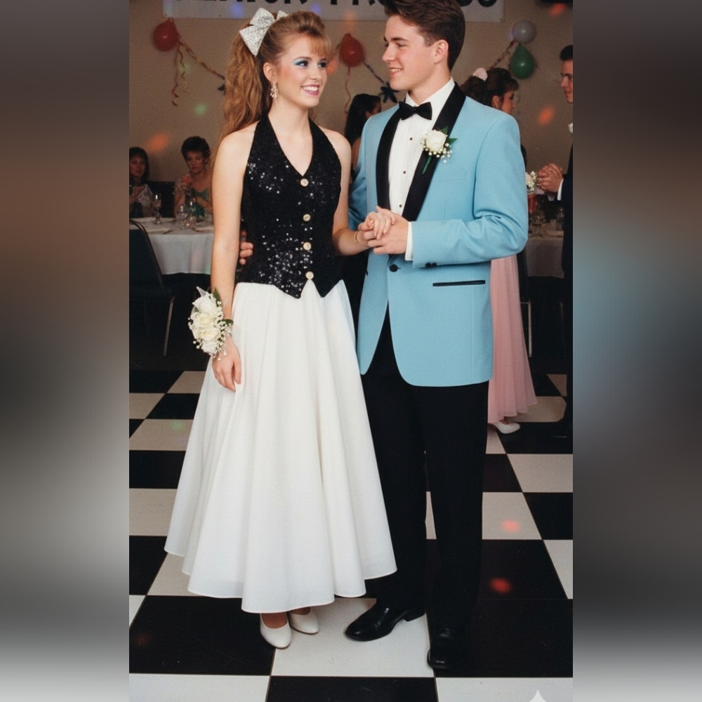 Dave & Johnny vintage 80 Prom Sequin Halter Gown White Skirt Dress
